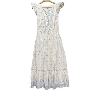 Rachel Zoe White Blue Floral Embroidered Midi Dress Smocked Waist Size 6 Flowy